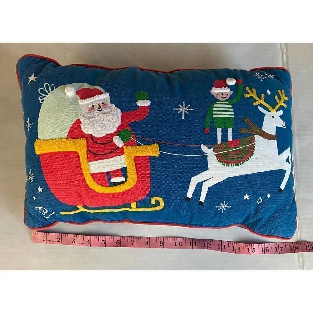 Santa Pillow Holiday Decor Christmas Blue Red Reindeer -- 18